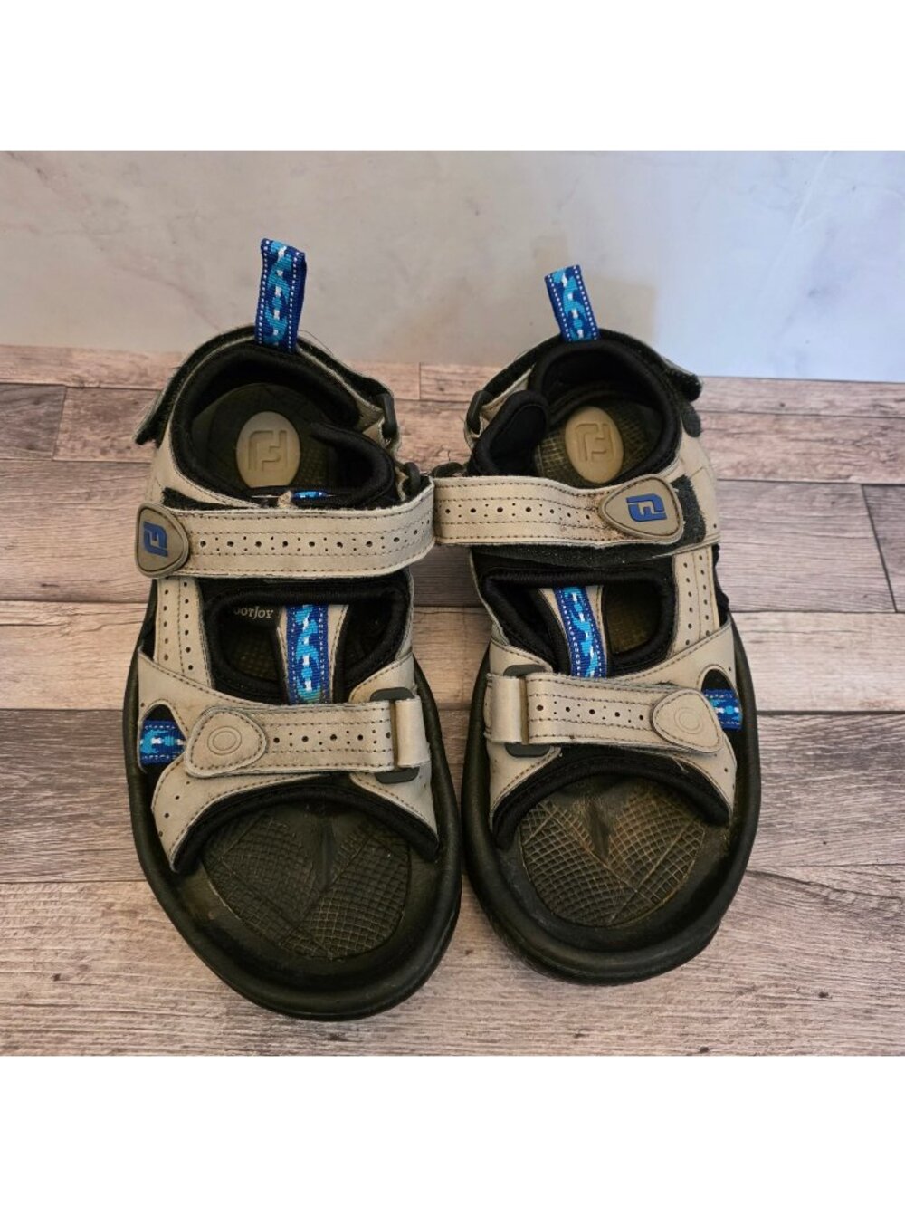 FootJoy Mens Golf Sandals Size 8M Beige & Black Adjustable Straps Spiked Sole